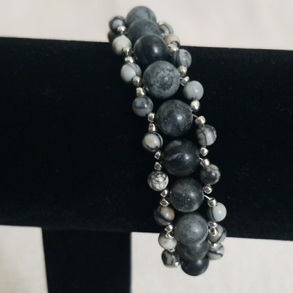 Black and grey jasper stone beaded bracelet